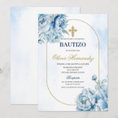 Blauwe Bloemen Bautizo Spaanse Uitnodiging (Voorkant / Achterkant)