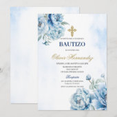 Blauwe Bloemen Bautizo Spaanse Uitnodiging (Voorkant / Achterkant)