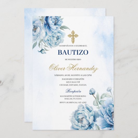 Blauwe Bloemen Bautizo Spaanse Uitnodiging (Voorkant / Achterkant)