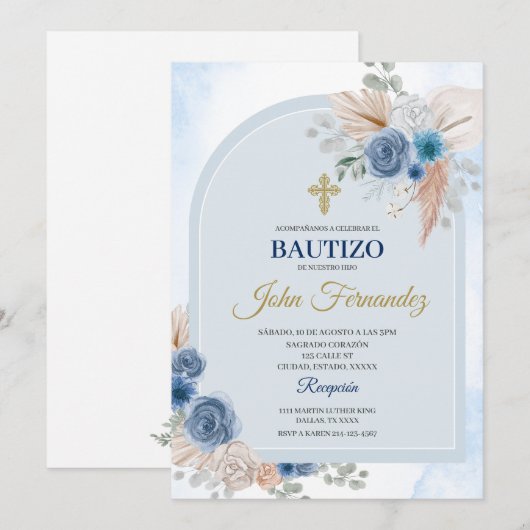 Blauwe Bloemen Bautizo Spaanse Uitnodiging (Voorkant / Achterkant)