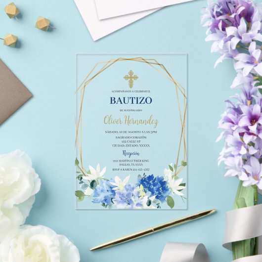 Blauwe Bloemen Bautizo Spaanse Uitnodiging (Insitu (Huwelijk))