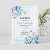Blauwe Bloemen Bautizo Spaanse Uitnodiging (Staand voorkant)