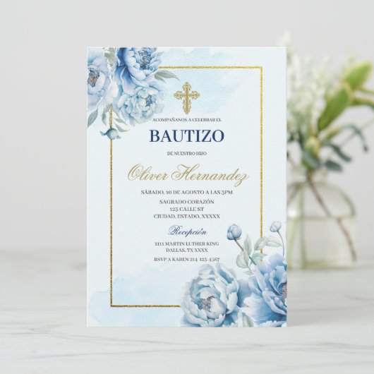 Blauwe Bloemen Bautizo Spaanse Uitnodiging (Staand voorkant)