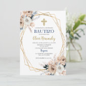 Blauwe Bloemen Bautizo Spaanse Uitnodiging (Staand voorkant)