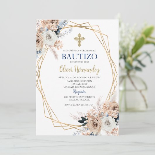 Blauwe Bloemen Bautizo Spaanse Uitnodiging (Staand voorkant)