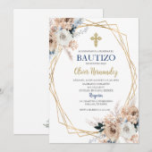 Blauwe Bloemen Bautizo Spaanse Uitnodiging (Voorkant / Achterkant)