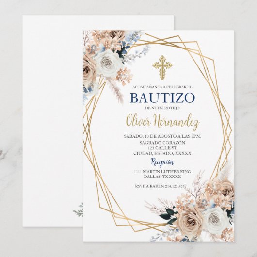 Blauwe Bloemen Bautizo Spaanse Uitnodiging (Voorkant / Achterkant)