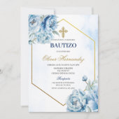 Blauwe Bloemen Bautizo Spaanse Uitnodiging (Voorkant)