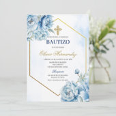 Blauwe Bloemen Bautizo Spaanse Uitnodiging (Staand voorkant)