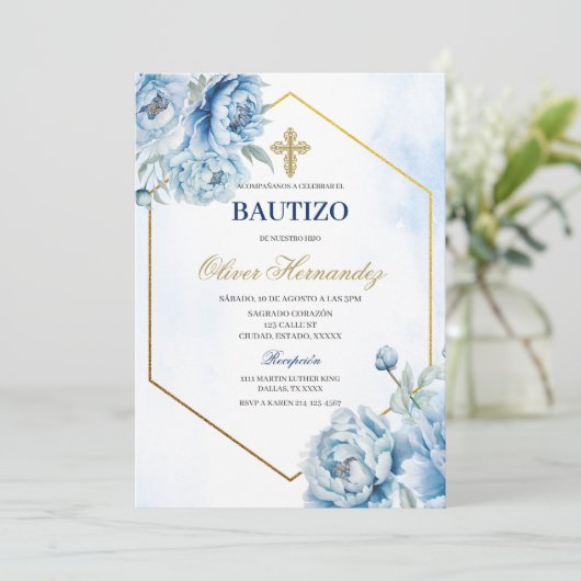 Blauwe Bloemen Bautizo Spaanse Uitnodiging (Staand voorkant)