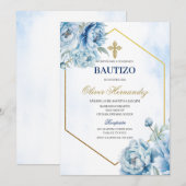 Blauwe Bloemen Bautizo Spaanse Uitnodiging (Voorkant / Achterkant)