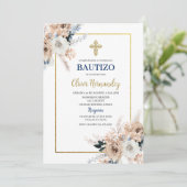 Blauwe Bloemen Bautizo Spaanse Uitnodiging (Staand voorkant)