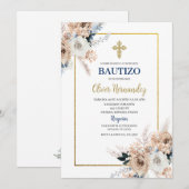 Blauwe Bloemen Bautizo Spaanse Uitnodiging (Voorkant / Achterkant)