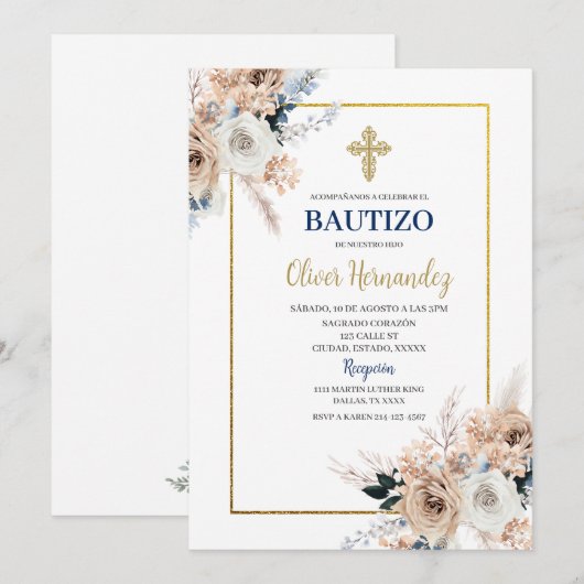 Blauwe Bloemen Bautizo Spaanse Uitnodiging (Voorkant / Achterkant)