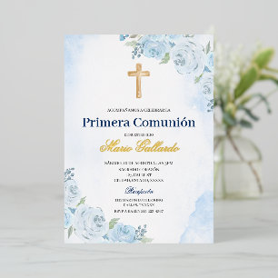 Blauwe Bloemen Bautizo Spaanse Uitnodiging