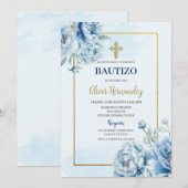 Blauwe Bloemen Bautizo Spaanse Uitnodiging (Voorkant / Achterkant)