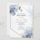 Blauwe Bloemen Bautizo Spaanse Uitnodiging (Voorkant)
