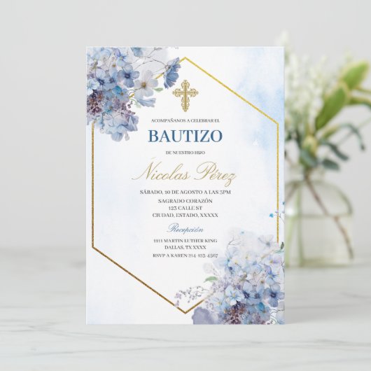Blauwe Bloemen Bautizo Spaanse Uitnodiging (Staand voorkant)