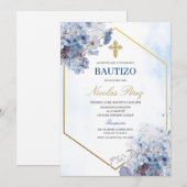 Blauwe Bloemen Bautizo Spaanse Uitnodiging (Voorkant / Achterkant)