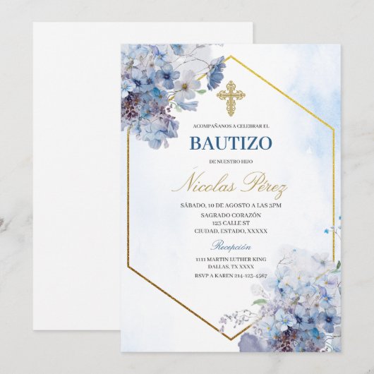 Blauwe Bloemen Bautizo Spaanse Uitnodiging (Voorkant / Achterkant)