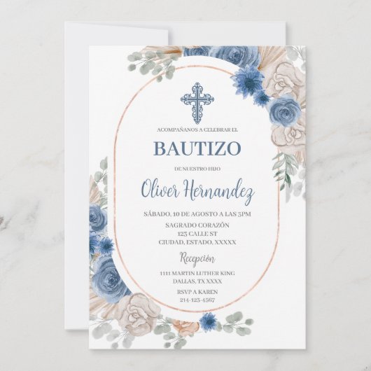 Blauwe Bloemen Bautizo Spaanse Uitnodiging (Voorkant)
