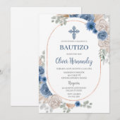 Blauwe Bloemen Bautizo Spaanse Uitnodiging (Voorkant / Achterkant)
