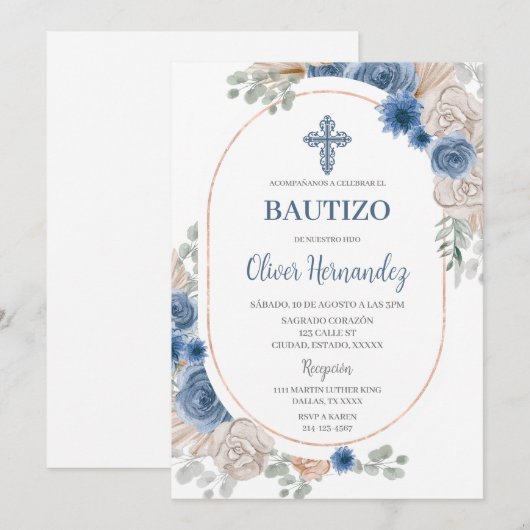 Blauwe Bloemen Bautizo Spaanse Uitnodiging (Voorkant / Achterkant)
