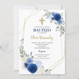 Blauwe Bloemen Bautizo Spaanse Uitnodiging