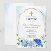 Blauwe Bloemen Bautizo Spaanse Uitnodiging (Voorkant / Achterkant)