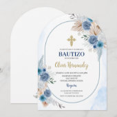 Blauwe Bloemen Bautizo Spaanse Uitnodiging (Voorkant / Achterkant)