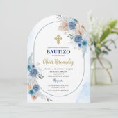 Blauwe Bloemen Bautizo Spaanse Uitnodiging (Staand voorkant)