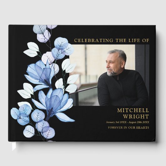 Blauwe bloemen begrafenis viering van het leven Fo Gastenboek (Voorkant)