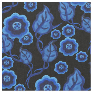 Blauwe bloemen, blauwe bladeren, Folk art floral 2 Stof