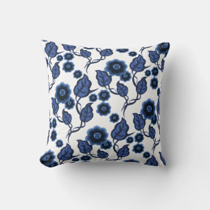 Blauwe bloemen, blauwe bladeren, Folk art floral Kussen