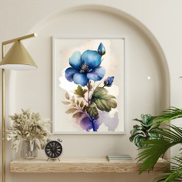 Blauwe bloemen Blauwe Waterverf Afdrukmuur Kunst Poster