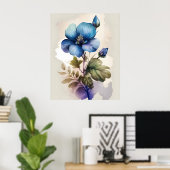 Blauwe bloemen Blauwe Waterverf Afdrukmuur Kunst Poster (Thuiskantoor)