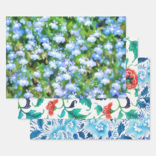 Blauwe Bloemen  Bloemen Wrapping Craft Paper (Set)