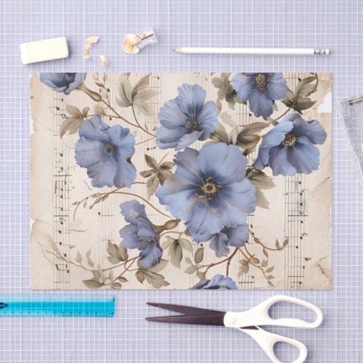 Blauwe bloemen bloemenblad muziek ephemera tissuepapier (Craft)