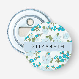 Blauwe bloemen, bloemenpatroon, Jouw naam Button Flesopener