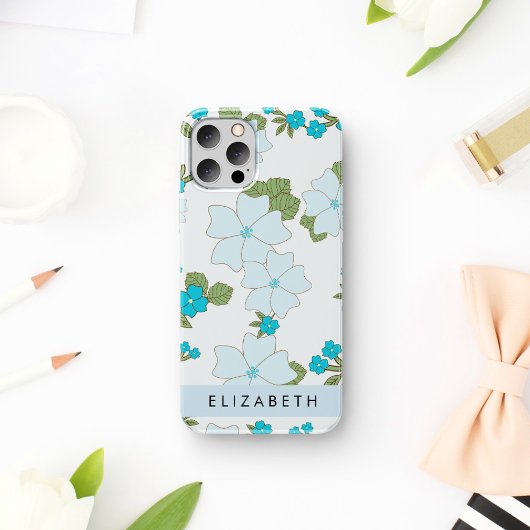 Blauwe bloemen, bloemenpatroon, Jouw naam Case-Mate iPhone Case