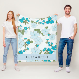 Blauwe bloemen, bloemenpatroon, Jouw naam Fleece Deken