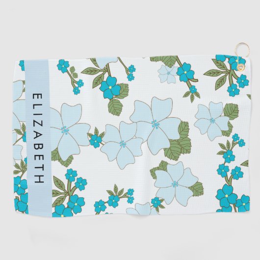 Blauwe bloemen, bloemenpatroon, Jouw naam Golfhanddoek (Horizontaal)