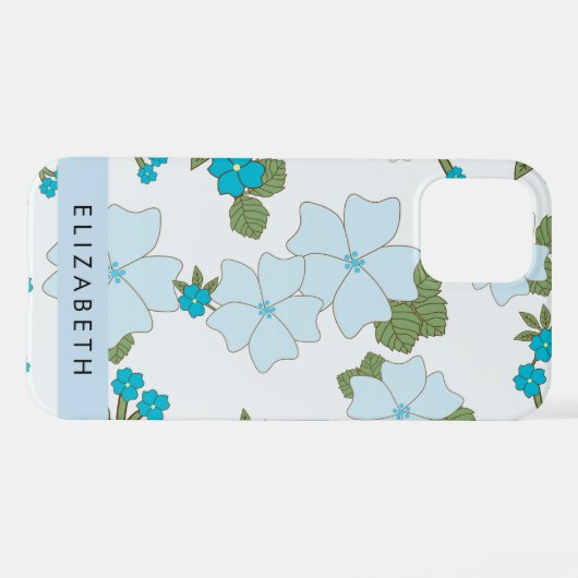 Blauwe bloemen, bloemenpatroon, Jouw naam iPhone Hoesje (Achterkant horizontaal)