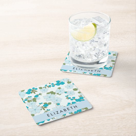 Blauwe bloemen, bloemenpatroon, Jouw naam Kartonnen Onderzetters (Insitu)