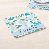Blauwe bloemen, bloemenpatroon, Jouw naam Kartonnen Onderzetters (Schuin)