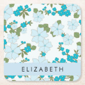 Blauwe bloemen, bloemenpatroon, Jouw naam Kartonnen Onderzetters (Voorkant)