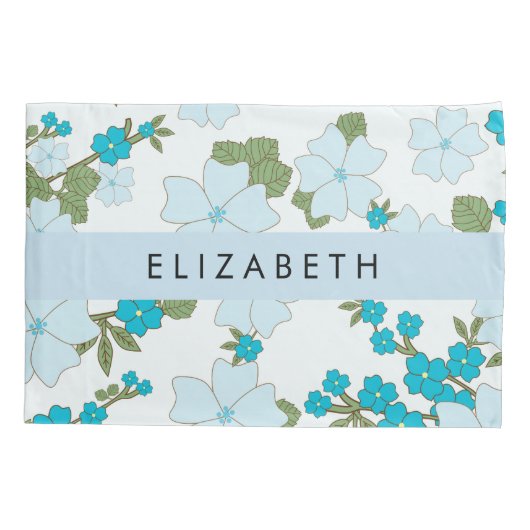 Blauwe bloemen, bloemenpatroon, Jouw naam Kussensloop (Achterkant)