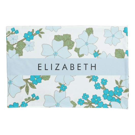 Blauwe bloemen, bloemenpatroon, Jouw naam Kussensloop (Voorkant)