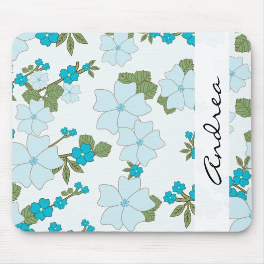 Blauwe bloemen, bloemenpatroon, Jouw naam Muismat (Voorkant)