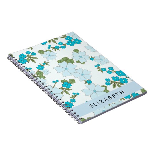 Blauwe bloemen, bloemenpatroon, Jouw naam Notitieboek (Rechterzijde)